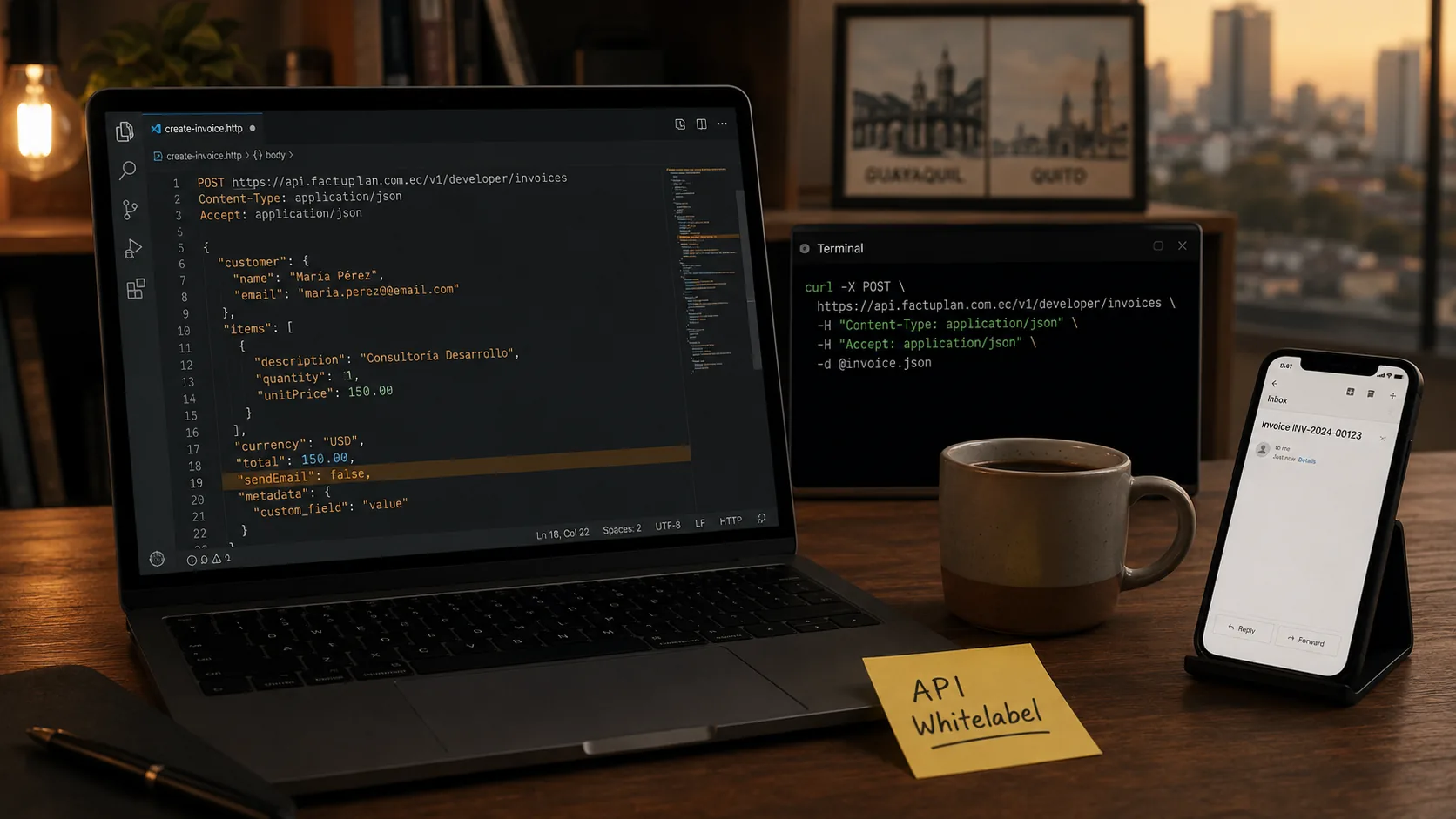 Editor de código mostrando TypeScript con el SDK oficial de Factuplan importado, emitiendo una factura electrónica al SRI Ecuador en pocas líneas