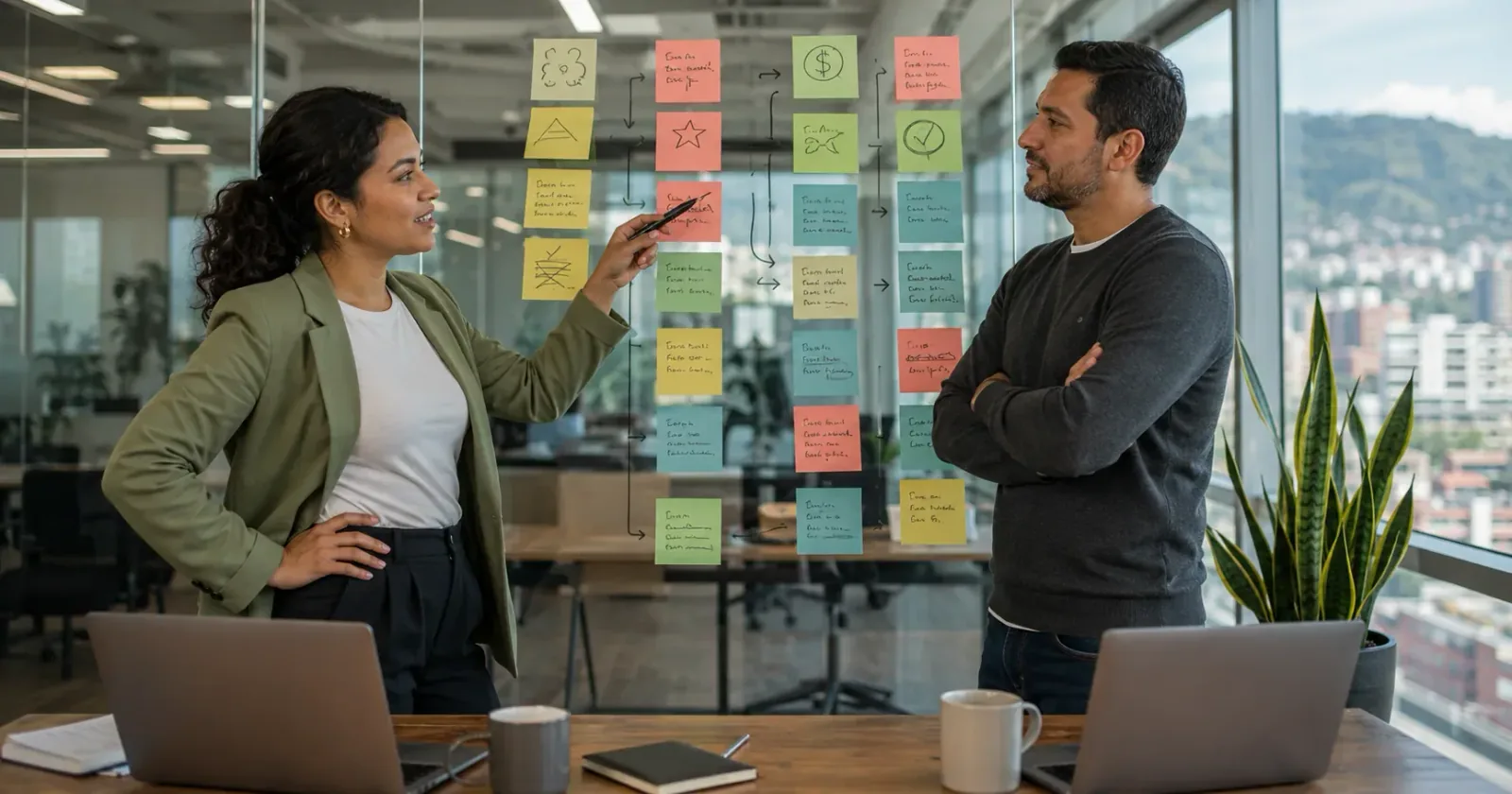 Dos socios discutiendo frente a una pared de vidrio cubierta de post-its de colores con esquemas comparativos en una oficina moderna