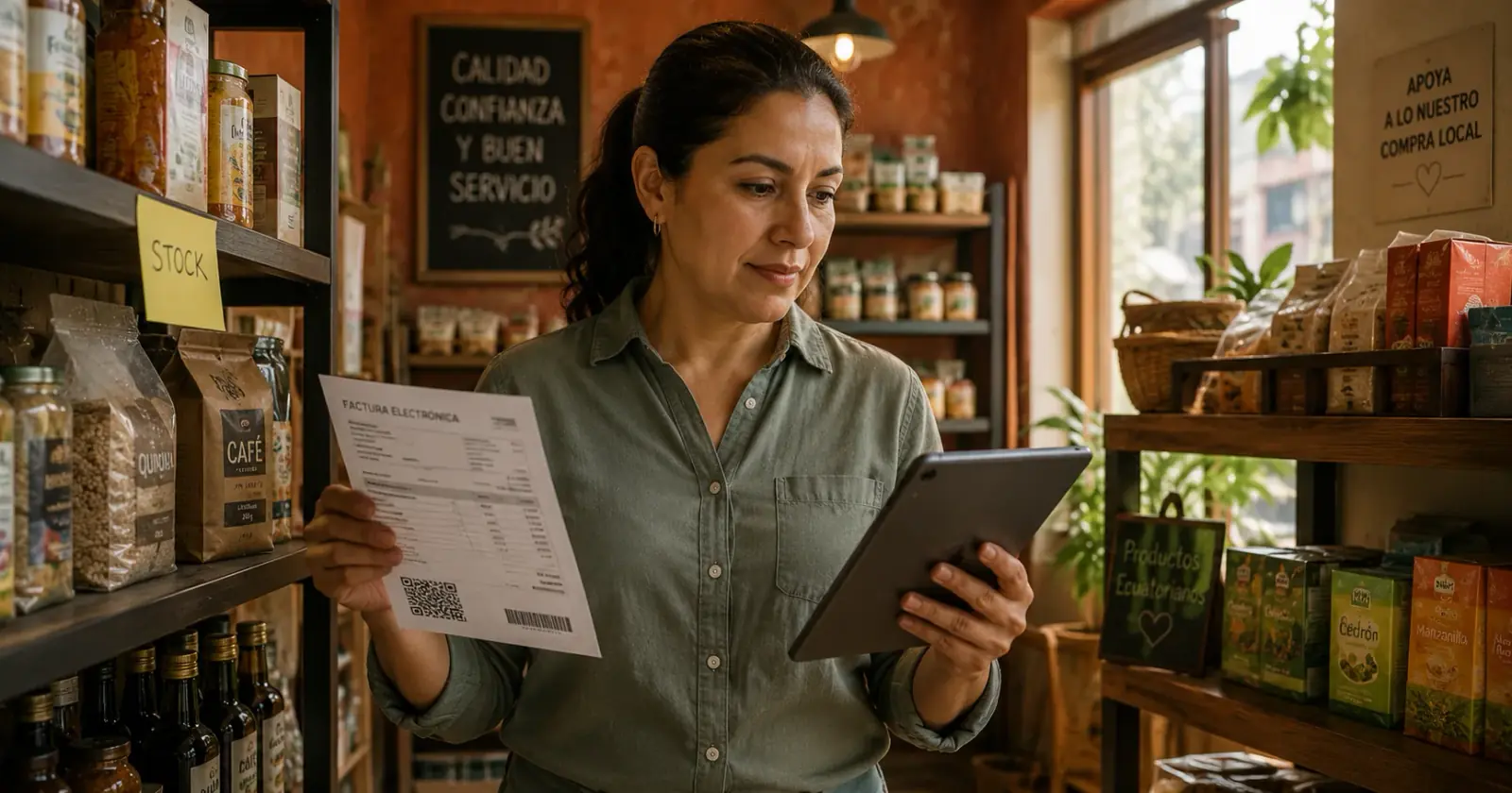 Emprendedora ecuatoriana en una tienda revisando productos en estantería con tableta en mano para registrar inventario mientras sostiene una factura impresa
