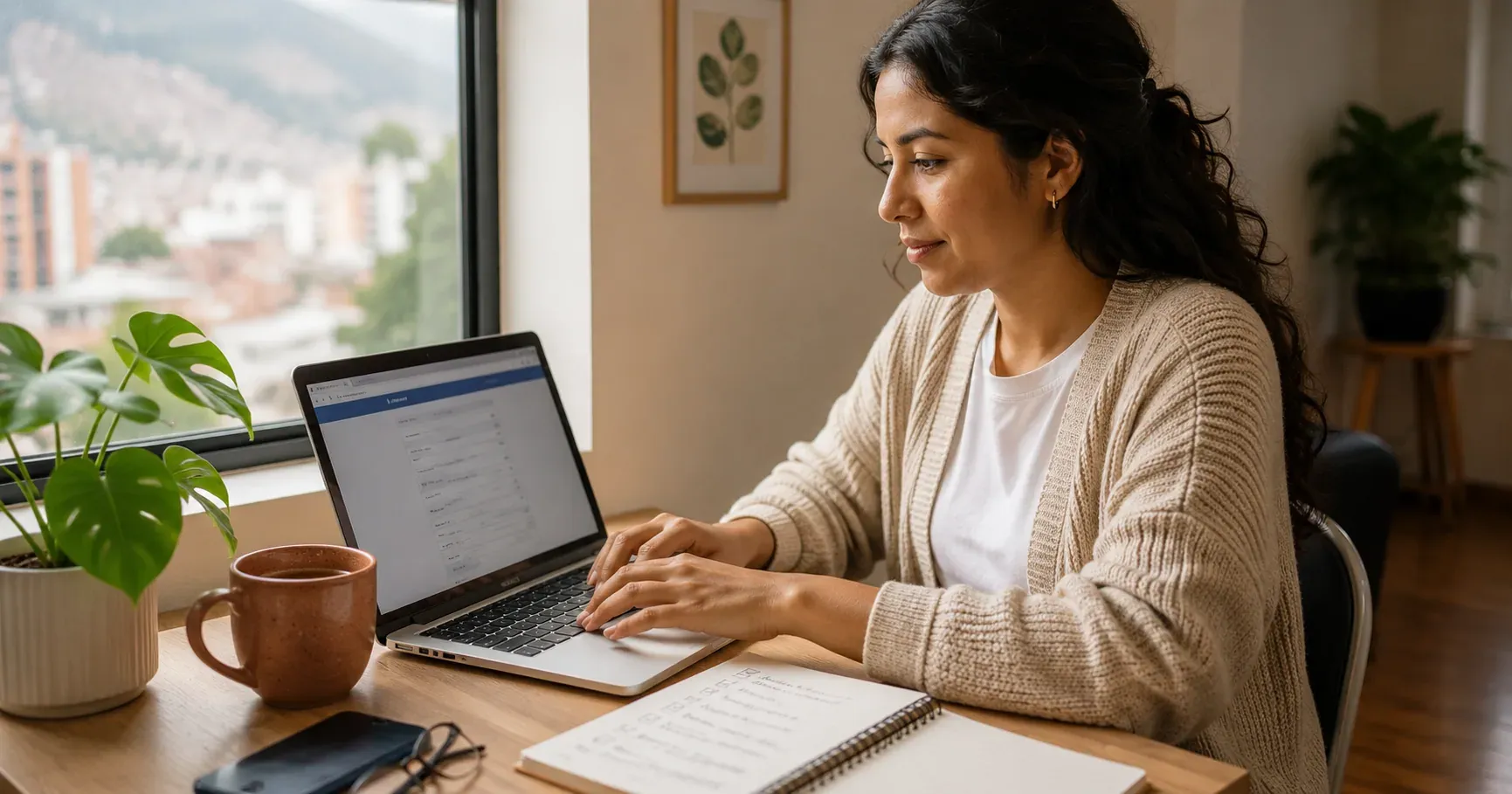 Joven emprendedora ecuatoriana en su escritorio comparando en su laptop el portal gratuito de comprobantes electrónicos del SRI y el panel moderno de Factuplan con la opción de mes gratis al comprar firma