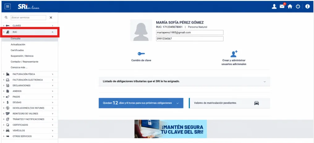 Perfil del contribuyente en SRI en Línea con el menú lateral abierto y la opción RUC resaltada, mostrando el submenú Consulta, Actualización, Certificados y Suspensión / Reinicio