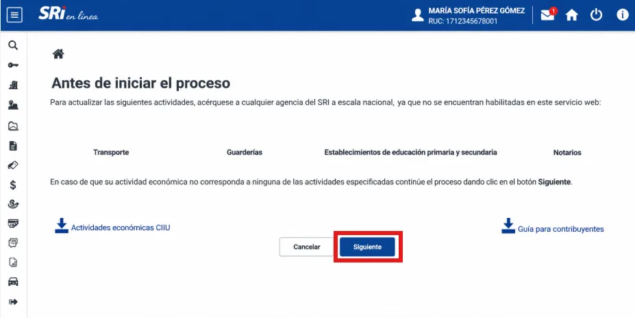 Pantalla 'Antes de iniciar el proceso' del SRI listando las actividades no habilitadas en línea (transporte, guarderías, educación, notarías) con el botón Siguiente resaltado