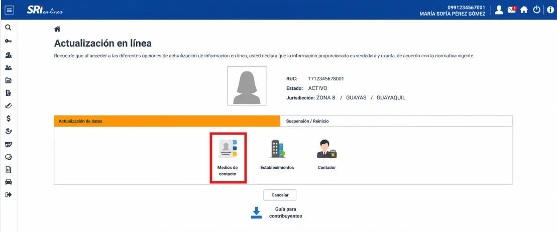 Pantalla Actualización en línea del SRI mostrando el RUC activo y las tres opciones Medios de contacto (resaltada), Establecimientos y Contador
