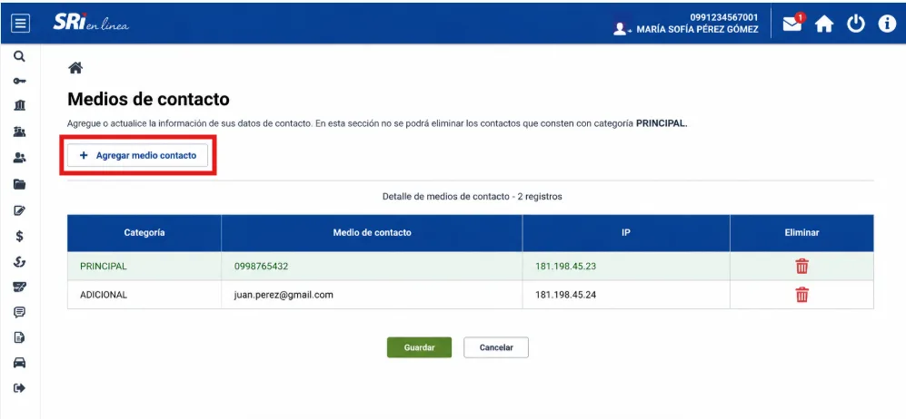 Pantalla Medios de contacto del SRI con el botón Agregar medio contacto resaltado y la tabla de contactos registrados (PRINCIPAL y ADICIONAL)