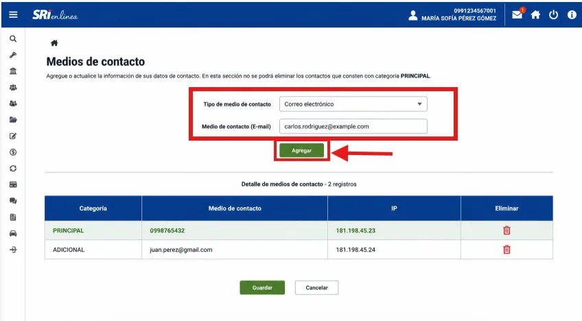 Formulario del SRI para agregar un medio de contacto con el tipo Correo electrónico, el campo de correo y el botón Agregar resaltados