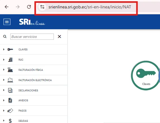 Barra de direcciones del navegador mostrando srienlinea.sri.gob.ec con el menú lateral del portal SRI en Línea (Claves, RUC, Facturación física, Facturación electrónica, Declaraciones, Anexos, Pagos)
