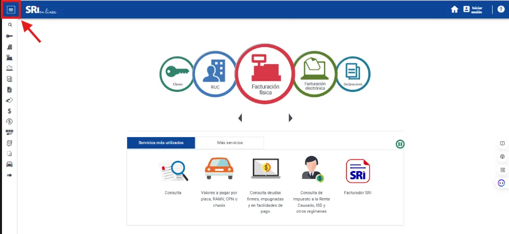 Pantalla de inicio del SRI en Línea con los accesos circulares a Claves, RUC, Facturación física, Facturación electrónica y Declaraciones, y el ícono de menú resaltado arriba a la izquierda