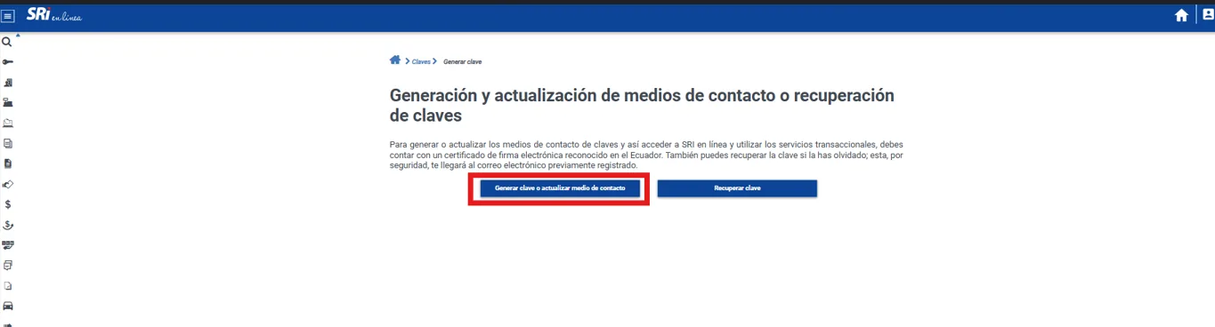 Pantalla Generación y actualización de medios de contacto o recuperación de claves del SRI con el botón Generar clave o actualizar medio de contacto resaltado, junto al botón Recuperar clave