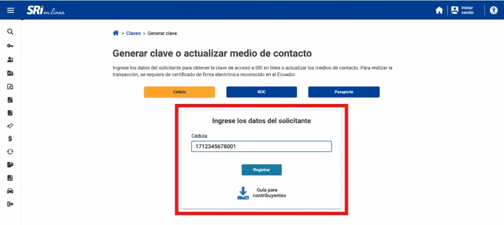 Formulario Generar clave o actualizar medio de contacto del SRI con las pestañas Cédula, RUC y Pasaporte, el campo para ingresar la cédula y el botón Registrar
