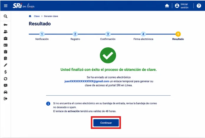 Pantalla Resultado del SRI con un check verde y el mensaje 'Usted finalizó con éxito el proceso de obtención de clave', el aviso del enlace temporal enviado al correo y el botón Continuar resaltado