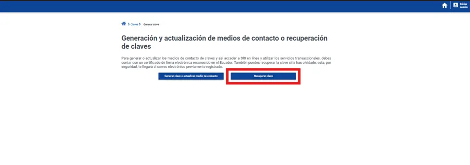 Pantalla Generación y actualización de medios de contacto o recuperación de claves del SRI con el botón Recuperar clave resaltado en rojo