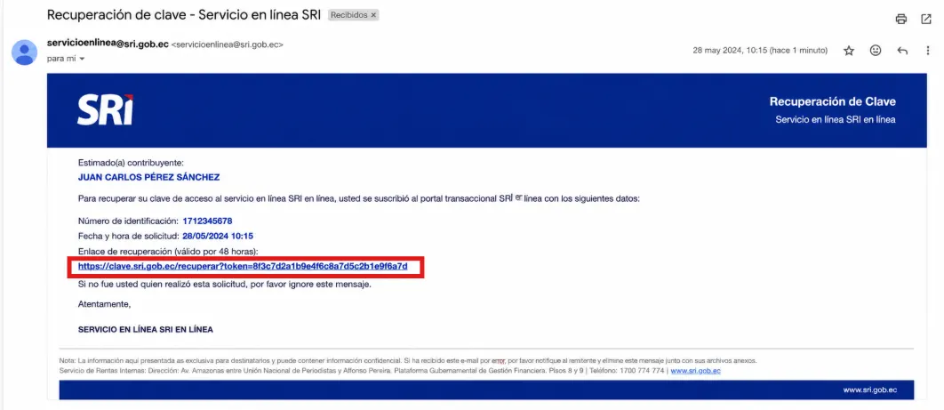 Correo de Recuperación de clave enviado por servicioenlinea@sri.gob.ec con los datos del contribuyente y el enlace de recuperación válido por 48 horas resaltado en rojo