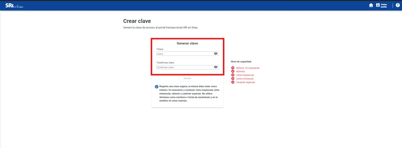 Pantalla Crear clave del SRI con los campos Clave y Confirmar clave resaltados y el panel de nivel de seguridad mostrando los requisitos pendientes en rojo