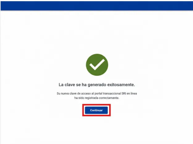 Pantalla del SRI con un check verde y el mensaje La clave se ha generado exitosamente, con el botón Continuar resaltado