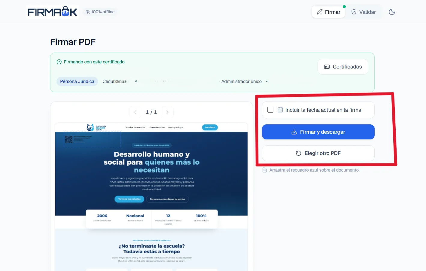 Pantalla «Firmar PDF» del Firmador Online con la vista previa del documento, la opción «Incluir la fecha actual en la firma» y el botón «Firmar y descargar»