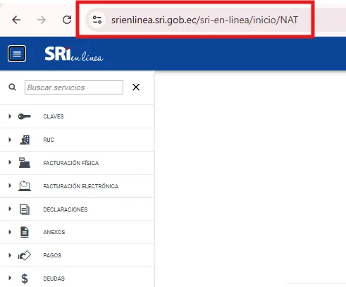 Barra de direcciones del navegador mostrando srienlinea.sri.gob.ec con el menú lateral del portal SRI en Línea (Claves, RUC, Facturación física, Facturación electrónica, Declaraciones, Anexos)