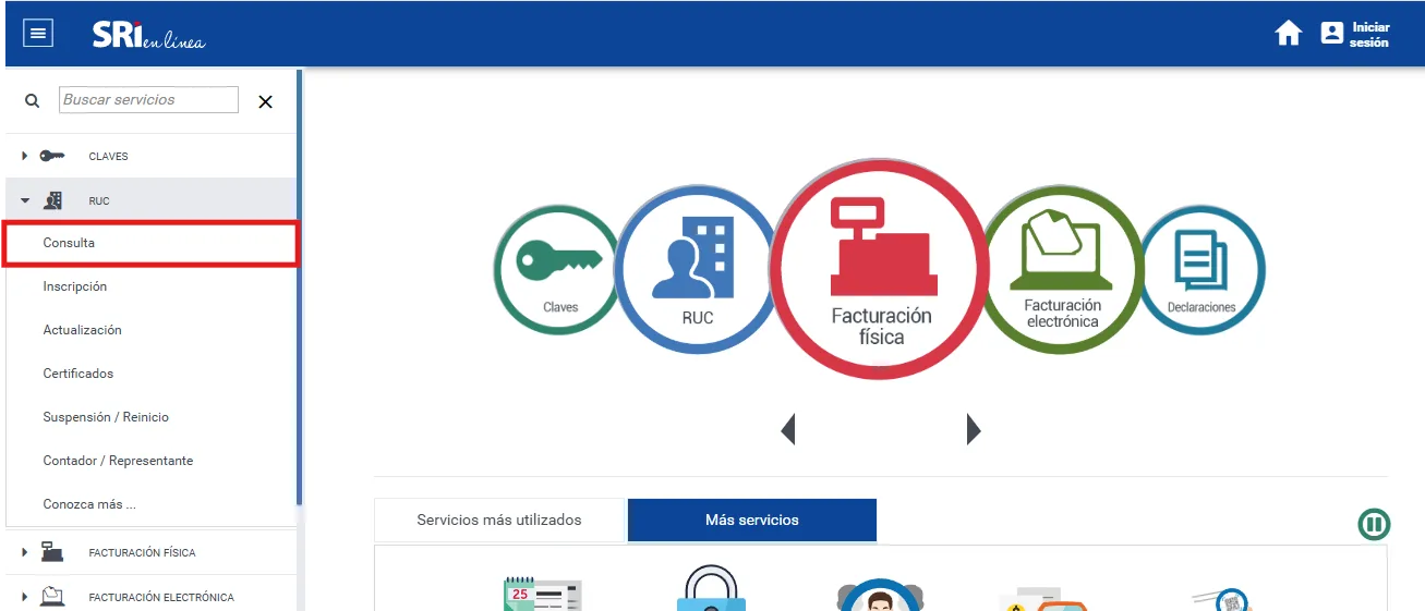Menú RUC del SRI en Línea desplegado con la opción Consulta resaltada, mostrando el submenú Inscripción, Actualización, Certificados y Suspensión / Reinicio