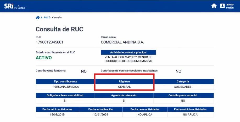 Resultado de la Consulta de RUC del SRI mostrando un contribuyente activo con el campo Régimen resaltado en GENERAL, señal de que fue recategorizado o excluido del RIMPE