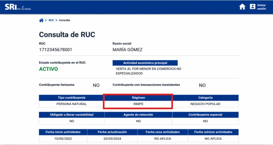 Resultado de la Consulta de RUC del SRI mostrando una contribuyente activa con el campo Régimen resaltado en RIMPE y la categoría Negocio Popular