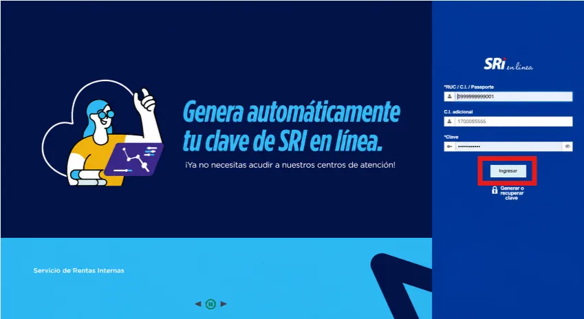 Formulario de acceso del SRI en Línea con el botón Ingresar resaltado para entrar al sistema