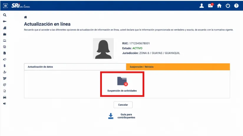 Pantalla Actualización en línea del SRI mostrando el RUC activo y la pestaña Suspensión / Reinicio con la opción Suspensión de actividades resaltada